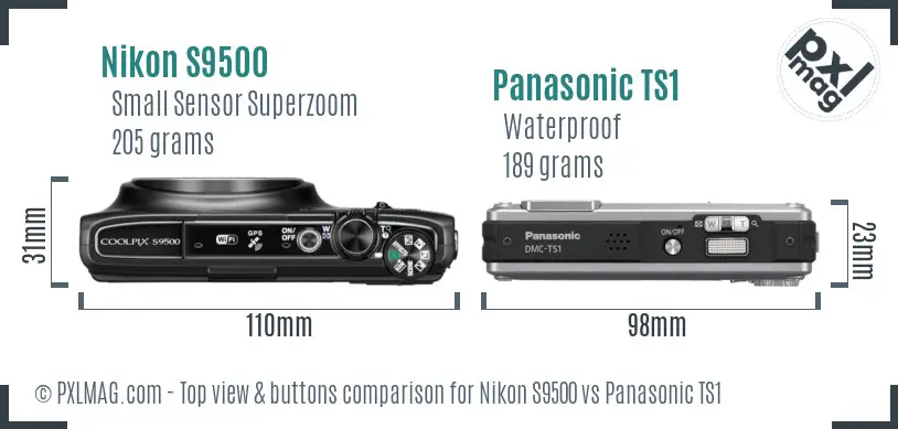 Nikon S9500 vs Panasonic TS1 top view buttons comparison