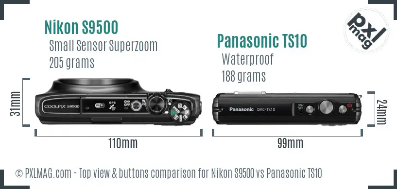 Nikon S9500 vs Panasonic TS10 top view buttons comparison