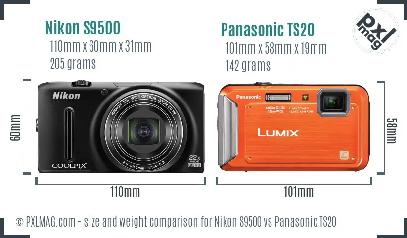 Nikon S9500 vs Panasonic TS20 size comparison