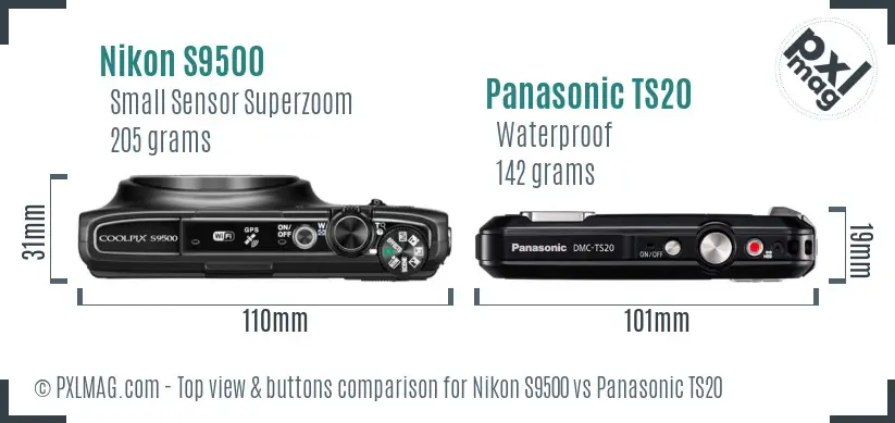 Nikon S9500 vs Panasonic TS20 top view buttons comparison