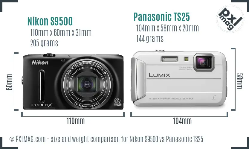 Nikon S9500 vs Panasonic TS25 size comparison