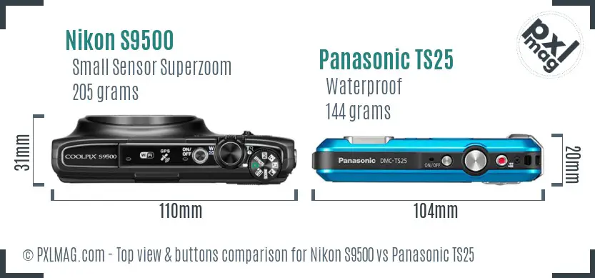 Nikon S9500 vs Panasonic TS25 top view buttons comparison