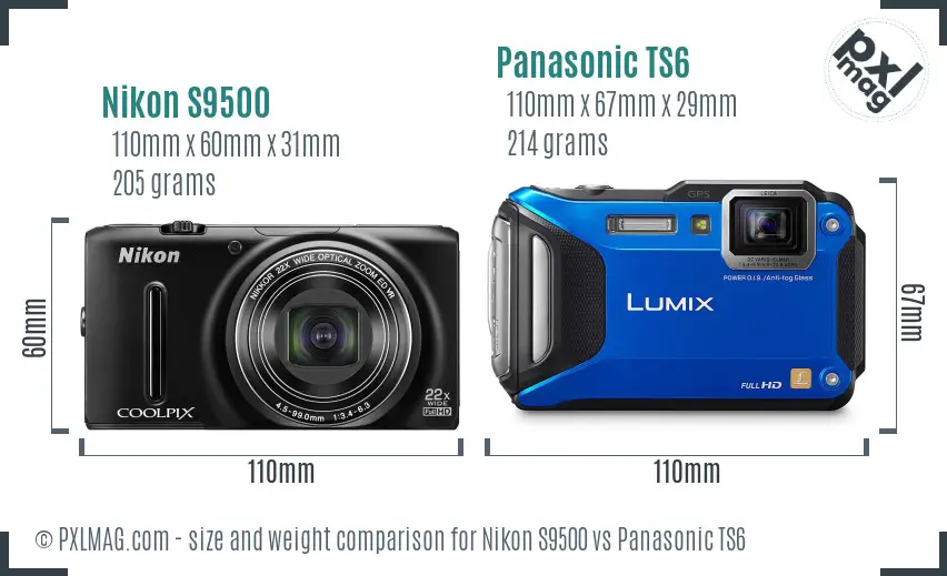 Nikon S9500 vs Panasonic TS6 size comparison