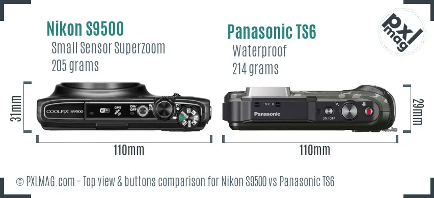 Nikon S9500 vs Panasonic TS6 top view buttons comparison