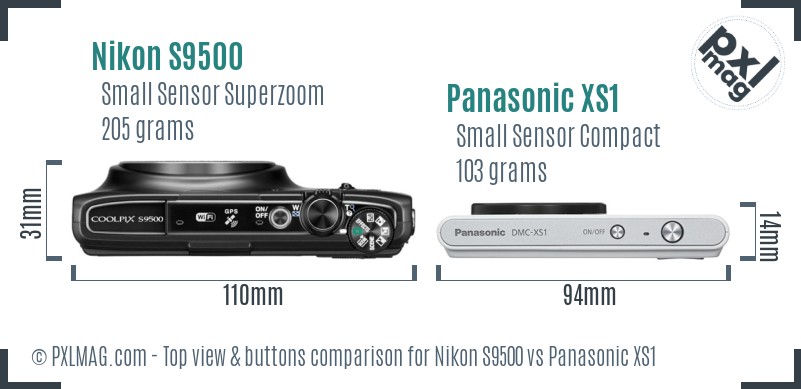 Nikon S9500 vs Panasonic XS1 top view buttons comparison