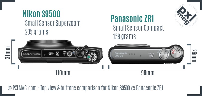 Nikon S9500 vs Panasonic ZR1 top view buttons comparison