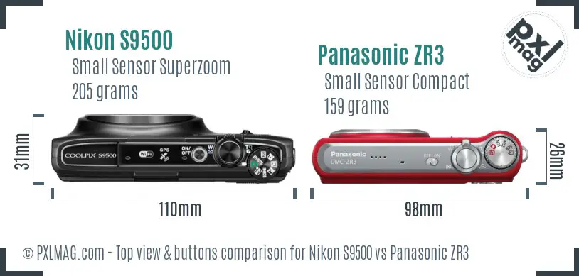 Nikon S9500 vs Panasonic ZR3 top view buttons comparison