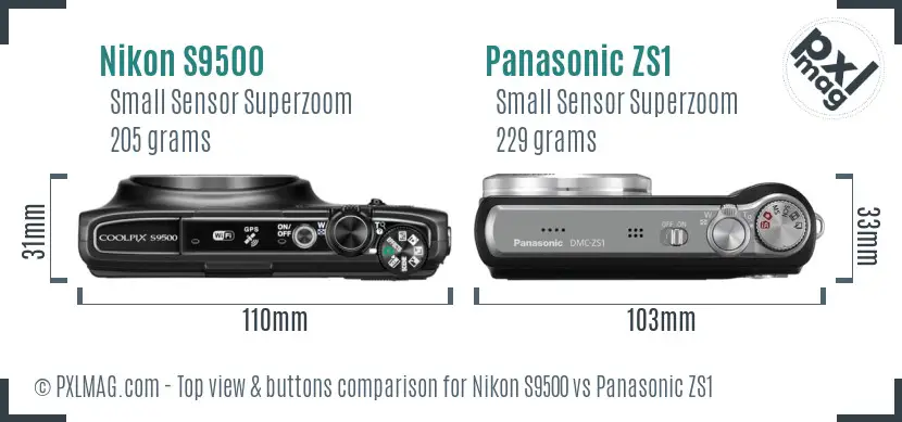 Nikon S9500 vs Panasonic ZS1 top view buttons comparison Nikon S9500 vs Panasonic ZS1 top view buttons comparison