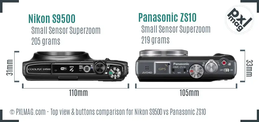 Nikon S9500 vs Panasonic ZS10 top view buttons comparison