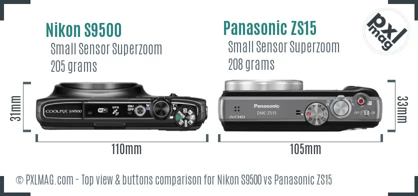 Nikon S9500 vs Panasonic ZS15 top view buttons comparison