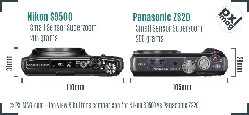 Nikon S9500 vs Panasonic ZS20 top view buttons comparison Nikon S9500 vs Panasonic ZS20 top view buttons comparison