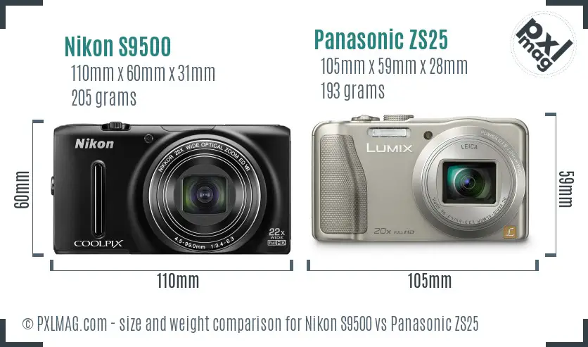 Nikon S9500 vs Panasonic ZS25 size comparison