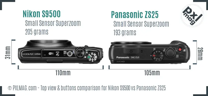 Nikon S9500 vs Panasonic ZS25 top view buttons comparison