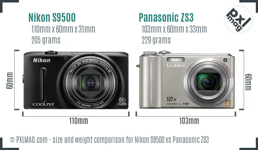 Nikon S9500 vs Panasonic ZS3 size comparison