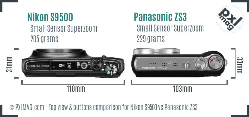 Nikon S9500 vs Panasonic ZS3 top view buttons comparison