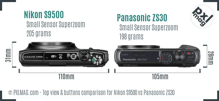 Nikon S9500 vs Panasonic ZS30 top view buttons comparison