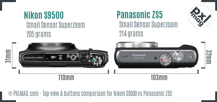 Nikon S9500 vs Panasonic ZS5 top view buttons comparison Nikon S9500 vs Panasonic ZS5 top view buttons comparison
