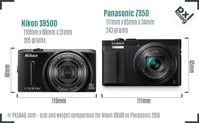 Nikon S9500 vs Panasonic ZS50 size comparison