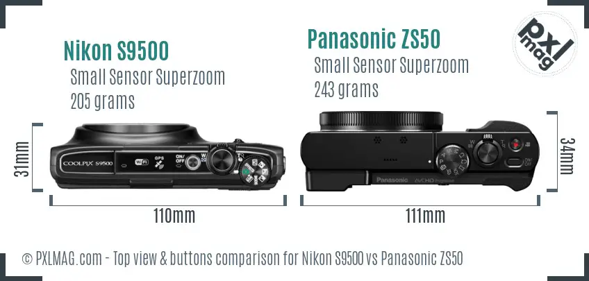 Nikon S9500 vs Panasonic ZS50 top view buttons comparison