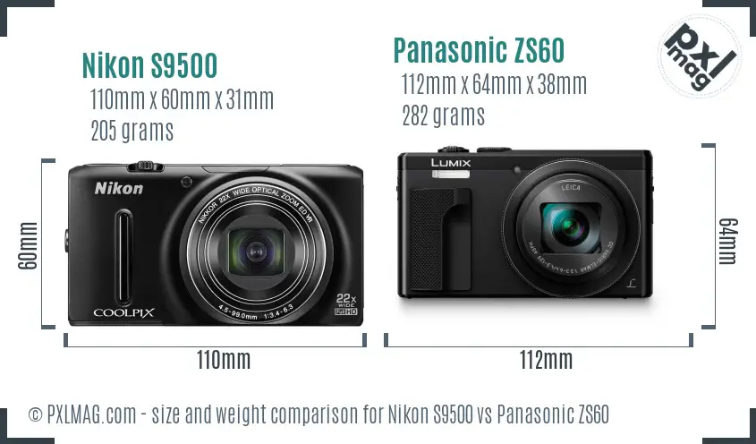 Nikon S9500 vs Panasonic ZS60 size comparison