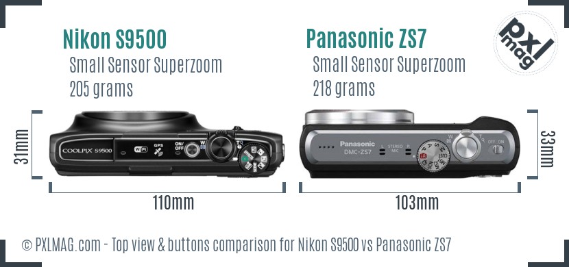 Nikon S9500 vs Panasonic ZS7 top view buttons comparison