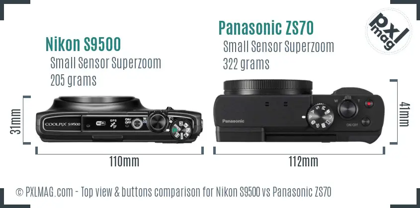 Nikon S9500 vs Panasonic ZS70 top view buttons comparison