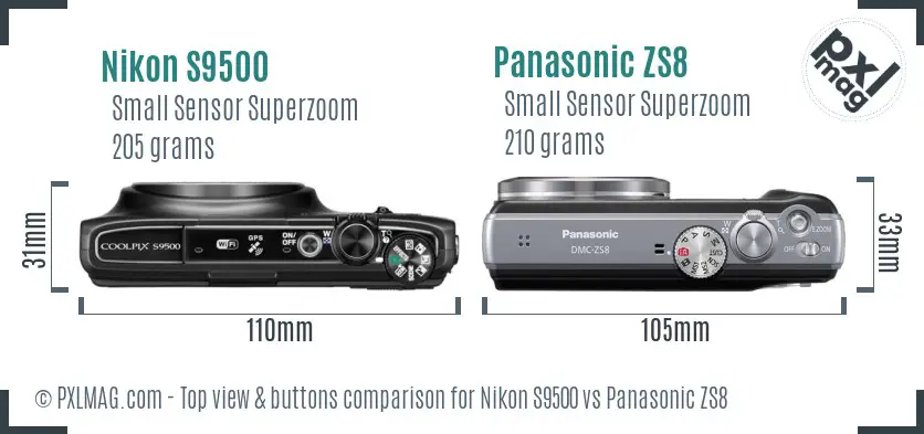 Nikon S9500 vs Panasonic ZS8 top view buttons comparison Nikon S9500 vs Panasonic ZS8 top view buttons comparison