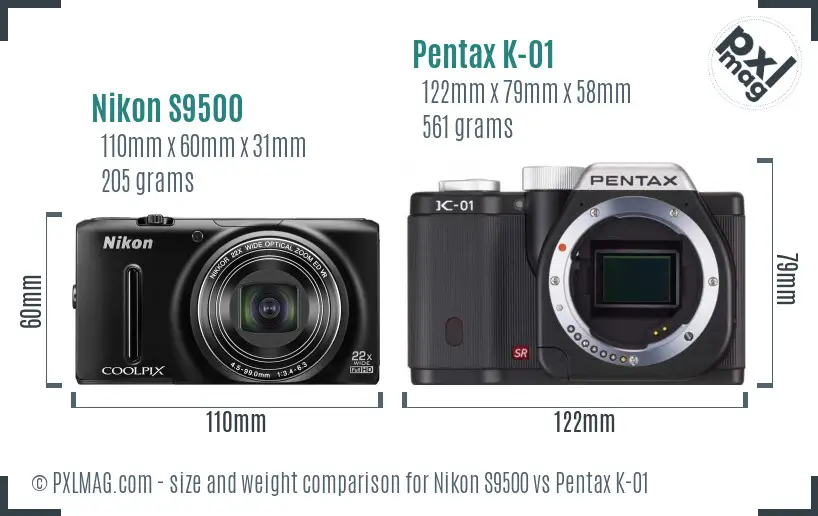 Nikon S9500 vs Pentax K-01 size comparison Nikon S9500 vs Pentax K-01 size comparison