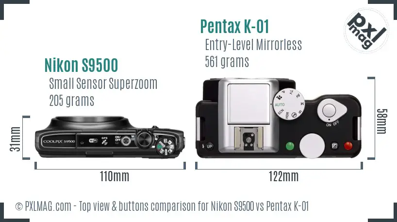 Nikon S9500 vs Pentax K-01 top view buttons comparison Nikon S9500 vs Pentax K-01 top view buttons comparison