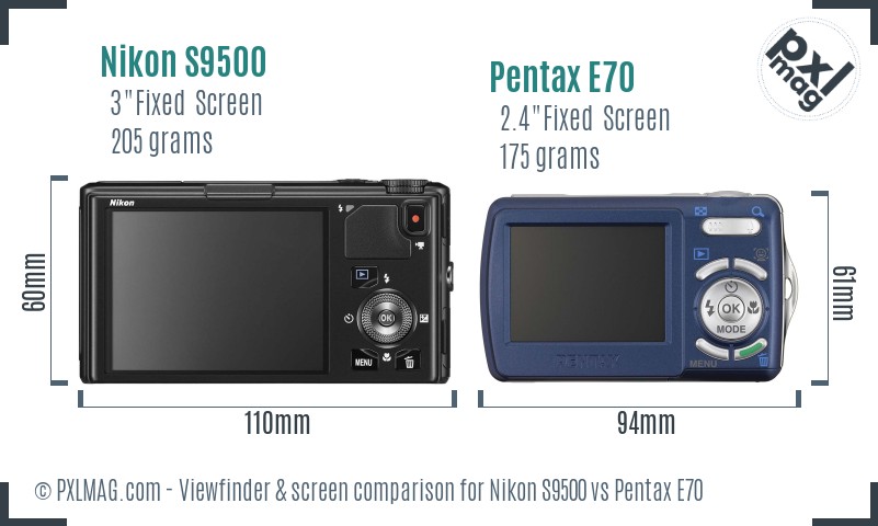 Nikon S9500 vs Pentax E70 Screen and Viewfinder comparison