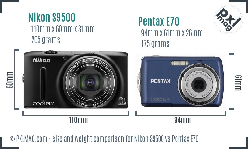 Nikon S9500 vs Pentax E70 size comparison Nikon S9500 vs Pentax E70 size comparison