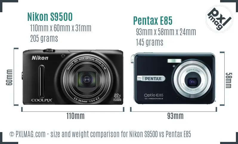 Nikon S9500 vs Pentax E85 size comparison