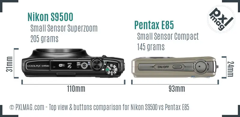 Nikon S9500 vs Pentax E85 top view buttons comparison