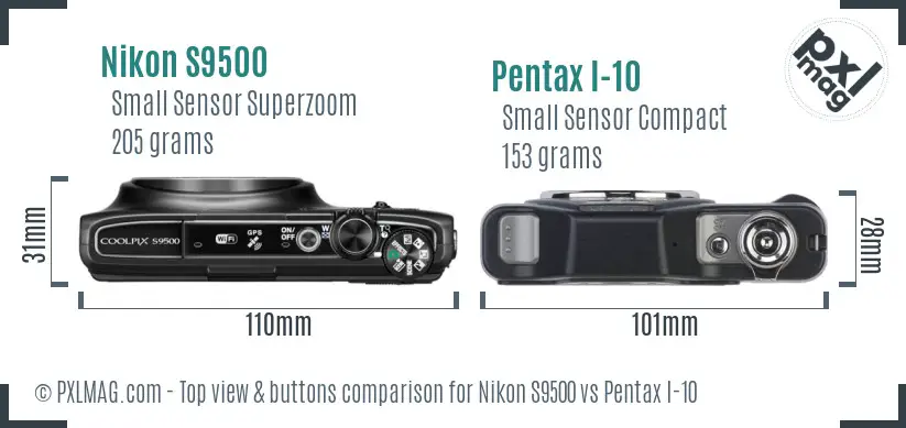 Nikon S9500 vs Pentax I-10 top view buttons comparison Nikon S9500 vs Pentax I-10 top view buttons comparison