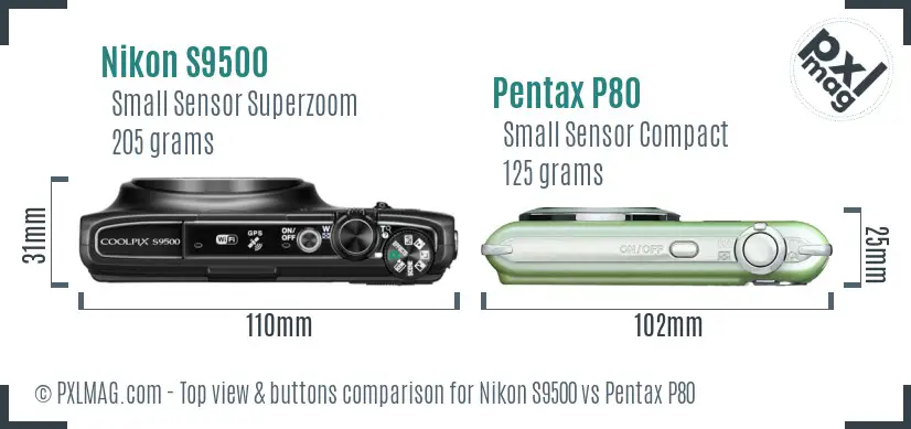 Nikon S9500 vs Pentax P80 top view buttons comparison Nikon S9500 vs Pentax P80 top view buttons comparison