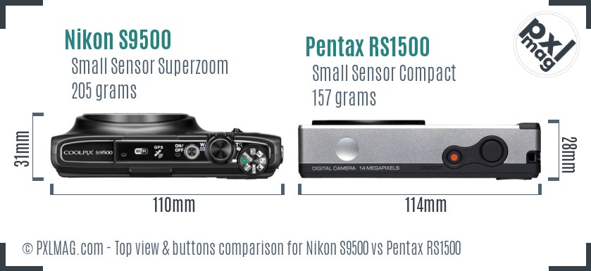 Nikon S9500 vs Pentax RS1500 top view buttons comparison