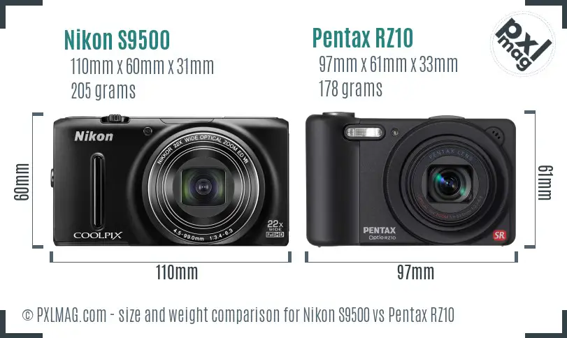 Nikon S9500 vs Pentax RZ10 size comparison