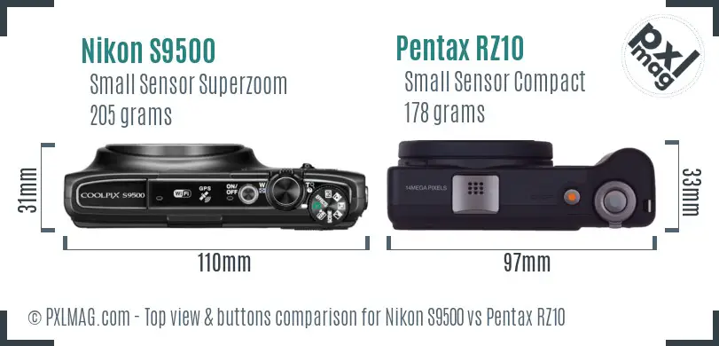 Nikon S9500 vs Pentax RZ10 top view buttons comparison