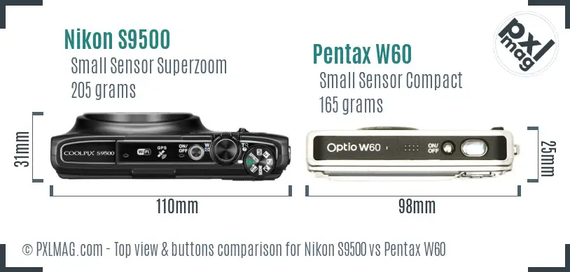 Nikon S9500 vs Pentax W60 top view buttons comparison Nikon S9500 vs Pentax W60 top view buttons comparison