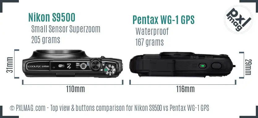 Nikon S9500 vs Pentax WG-1 GPS top view buttons comparison