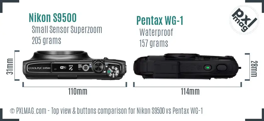 Nikon S9500 vs Pentax WG-1 top view buttons comparison