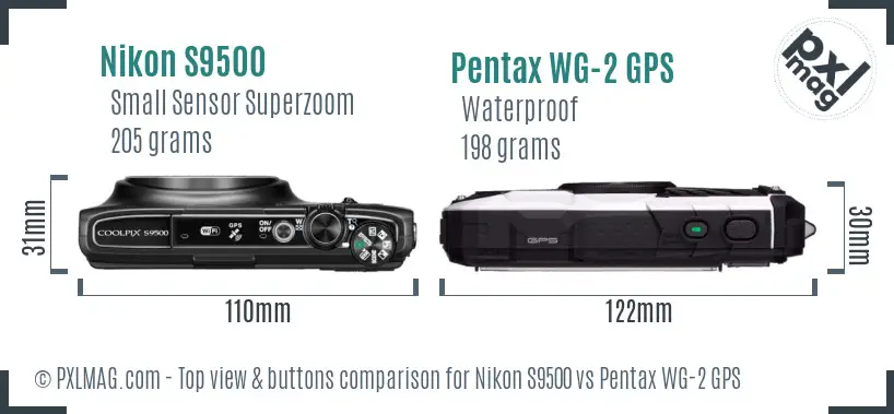 Nikon S9500 vs Pentax WG-2 GPS top view buttons comparison