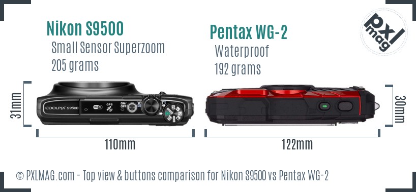 Nikon S9500 vs Pentax WG-2 top view buttons comparison