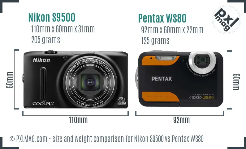 Nikon S9500 vs Pentax WS80 size comparison