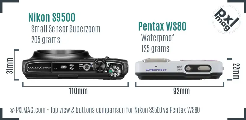 Nikon S9500 vs Pentax WS80 top view buttons comparison