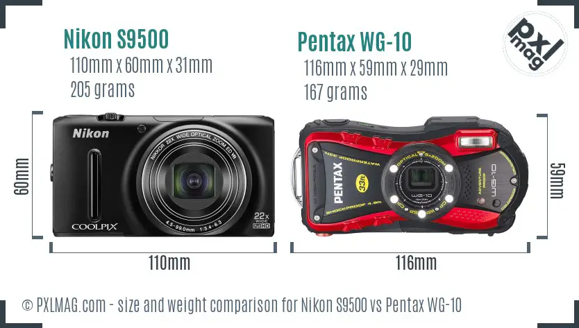 Nikon S9500 vs Pentax WG-10 size comparison Nikon S9500 vs Pentax WG-10 size comparison