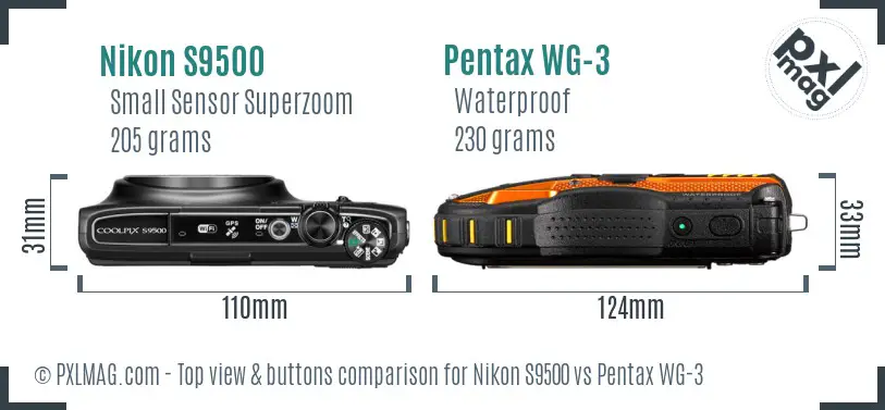 Nikon S9500 vs Pentax WG-3 top view buttons comparison Nikon S9500 vs Pentax WG-3 top view buttons comparison
