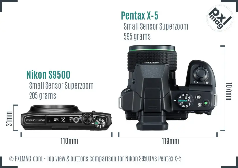 Nikon S9500 vs Pentax X-5 top view buttons comparison