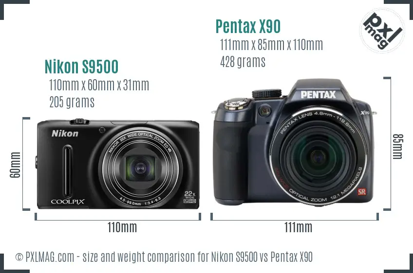 Nikon S9500 vs Pentax X90 size comparison