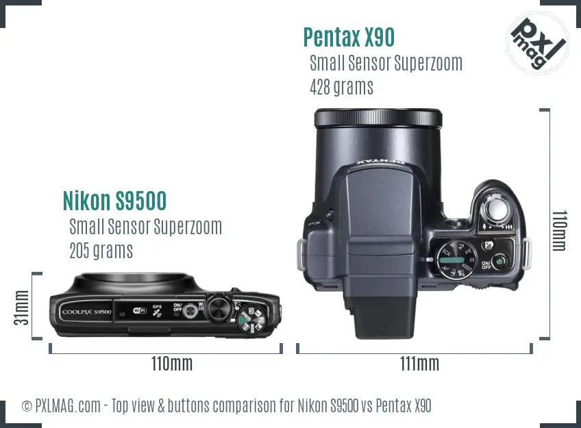 Nikon S9500 vs Pentax X90 top view buttons comparison